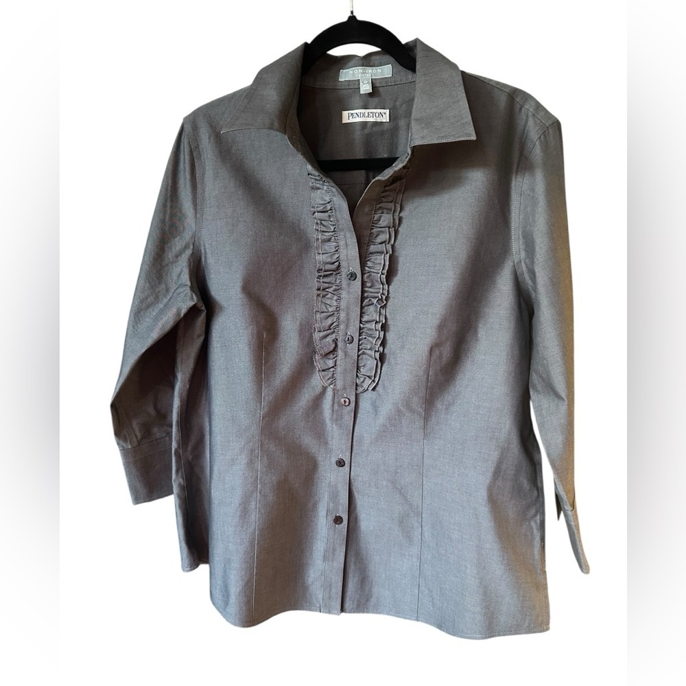 Pendleton Gray Ruffled Button-Up Shirt Size 12 - image 1